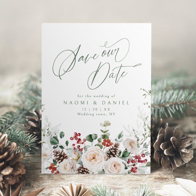 Elegant Festive Floral Holiday Winter Wedding Save The Date (Elegant Festive Floral Holiday Winter Wedding Save The Date)