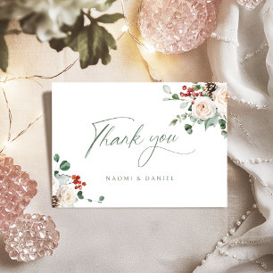 Elegant Festive Floral Holiday Winter Wedding  Thank You Card
