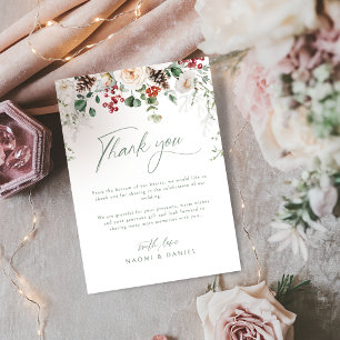 Elegant Festive Floral Holiday Winter Wedding  Thank You Card