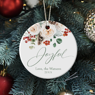 Elegant Festive Floral Joyful Family Christmas Ceramic Ornament