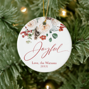 Elegant Festive Floral Joyful Family Christmas Ceramic Ornament