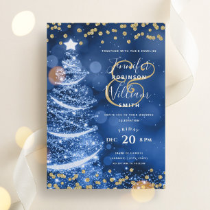 Elegant Festive Gold Blue Wedding Xmas Tree Invitation