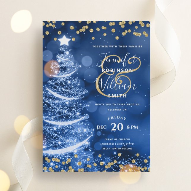 Elegant Festive Gold Blue Wedding Xmas Tree Invitation (Elegant Festive Gold Blue Wedding Xmas Tree Invitation)