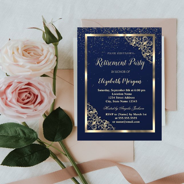 Elegant Festive Gold Frame Navy Blue Retirement Invitation (Creator Uploaded)
