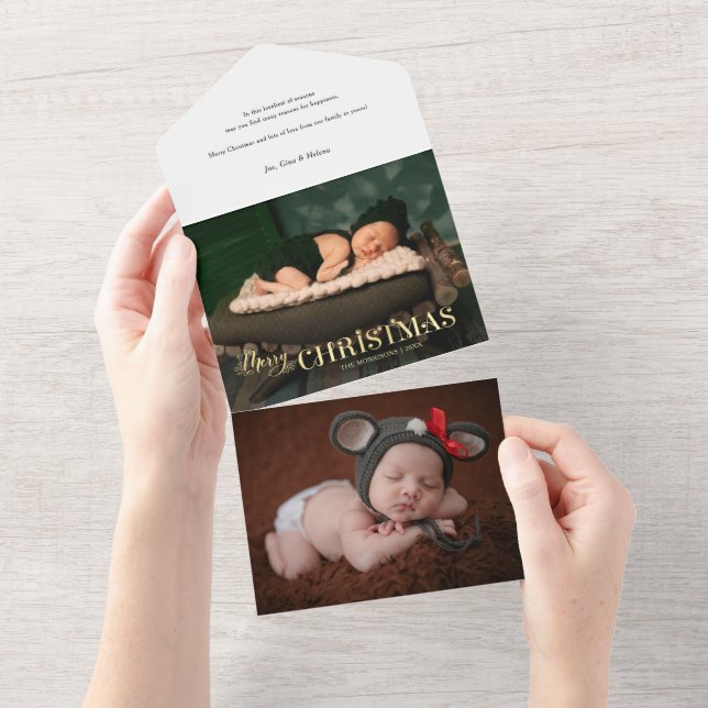 Elegant Festive Gold Merry Christmas Script Photo All In One Invitation (Tearaway)