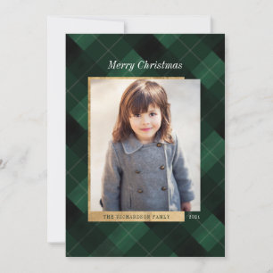 Elegant Festive Green Plaid & Gold One Photo Holiday Card