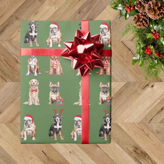 Elegant Festive Green Puppy Dog Christmas  Wrapping Paper (Creator Uploaded)