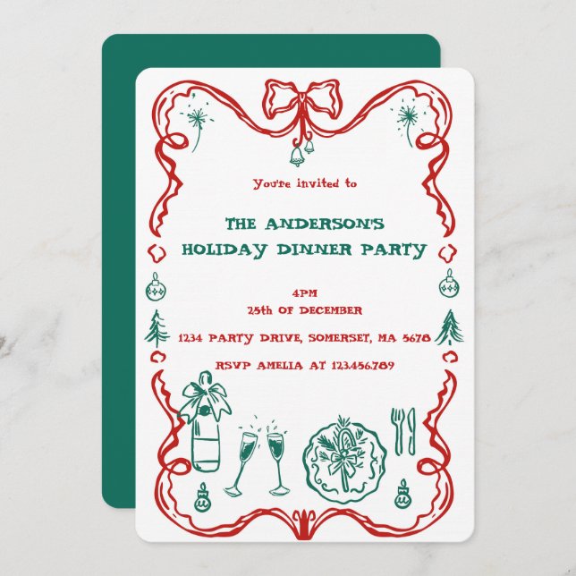 Elegant Festive Holiday Dinner Party Invitation (Front/Back)