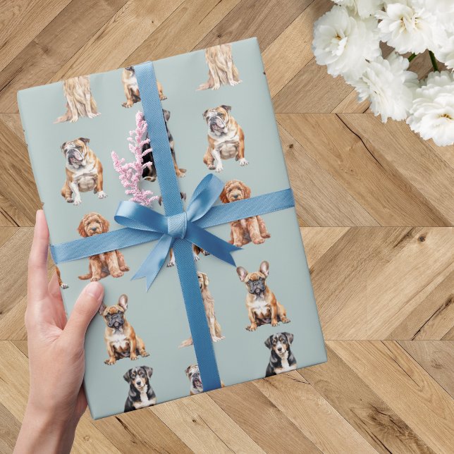 Elegant Festive Light Blue Puppy Dog Birthday Wrapping Paper (Creator Uploaded)