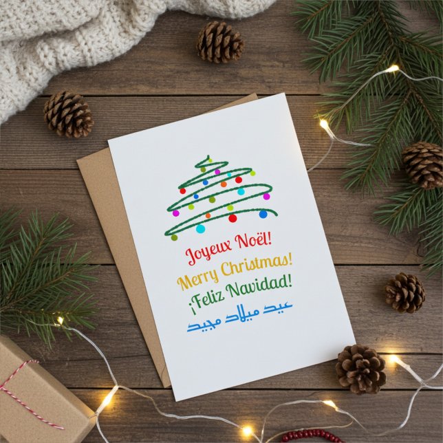 Elegant Festive Multilingual Merry Christmas, Tree Holiday Card (Creator Uploaded)