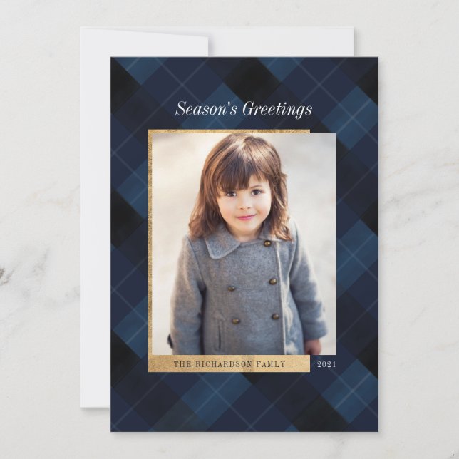 Elegant Festive Navy Plaid & Gold One Photo Holiday Card (Front)