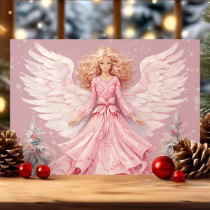 Elegant Festive Pink Angel Christmas Holiday Card