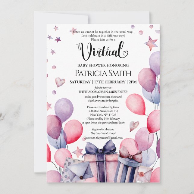 Elegant Festive Pink Balloons Virtual Baby Shower Invitation (Front)