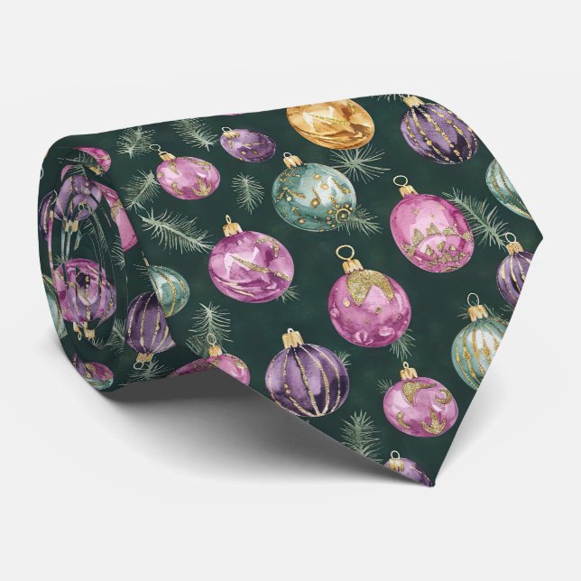 Elegant Festive Pink Christmas Baubles Pattern Tie (Rolled)