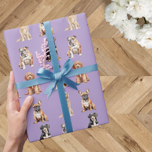 Elegant Festive Purple Puppy Dog Birthday Wrapping Paper