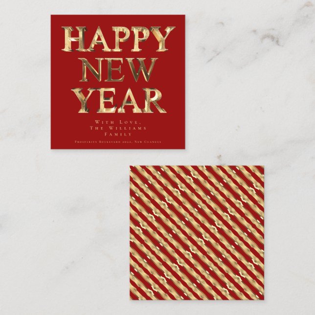 Elegant Festive Red and Gold Look Happy New Year Square Business Card (Front/Back)