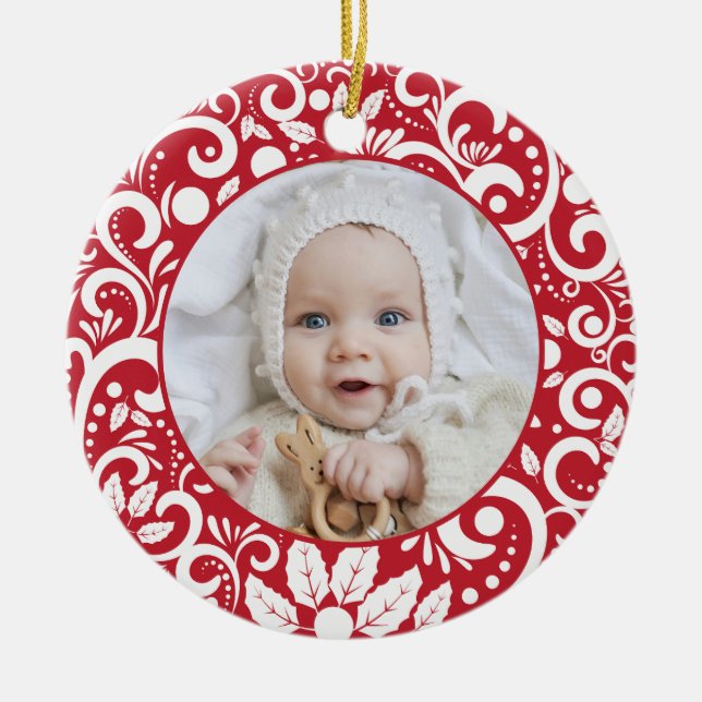 Elegant Festive Red and White Christmas Photo  Ceramic Ornament (Front)