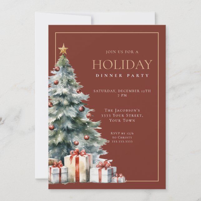 Elegant Festive Red Gold Holiday Dinner Party Invitation (Front)