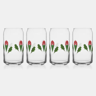 Elegant Festive Red, Green Abstract Roses & Holly Can Glass