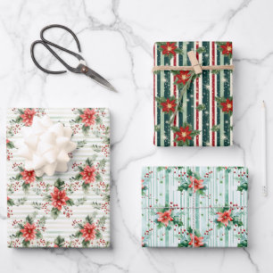 Elegant Festive Red & Green Christmas Striped Wrapping Paper Sheet