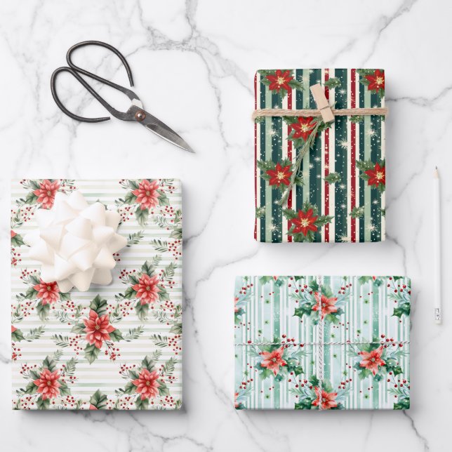 Elegant Festive Red & Green Christmas Striped Wrapping Paper Sheet (Front)