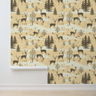 Elegant Festive Retro Beige Cream Woodland Deer Wallpaper