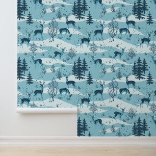 Elegant Festive Retro Blue Woodland Deer Wallpaper