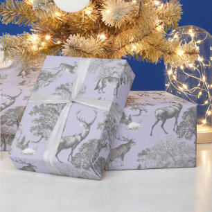 Elegant Festive Toile Fox Deer Grey Blue Wrapping Paper