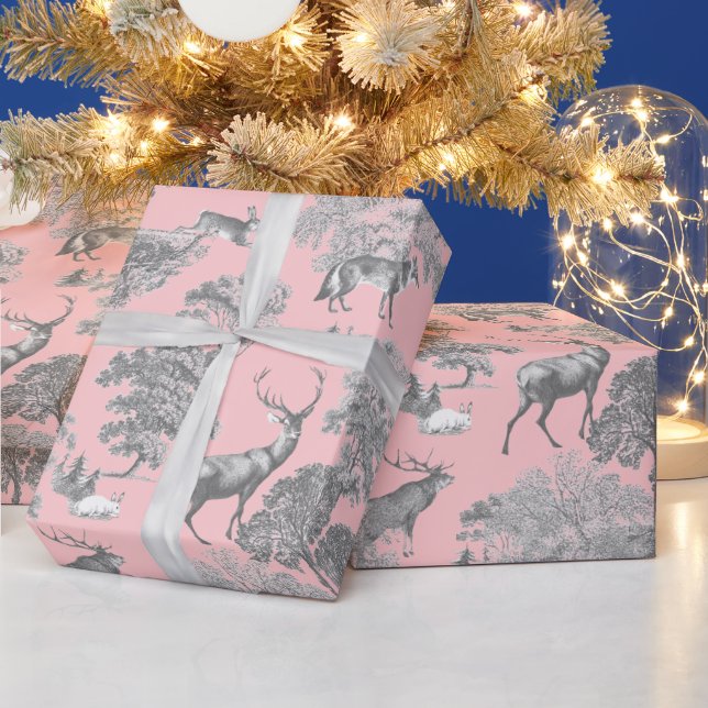 Elegant Festive Toile Fox Deer Rabbit Grey Pink Wrapping Paper (Holidays)