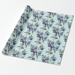 Elegant Festive Watercolor Blue Berries on Blue Wrapping Paper