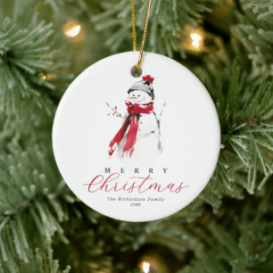Elegant Festive Watercolor Snowman Merry Christmas Ceramic Ornament