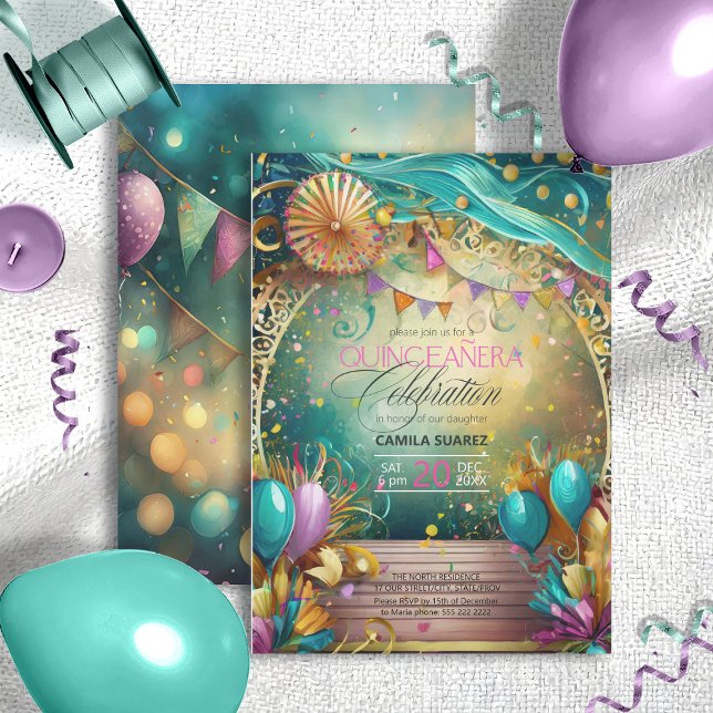Elegant Fiesta Quinceanera Lavender/Teal ID1029 Invitation (Creator Uploaded)