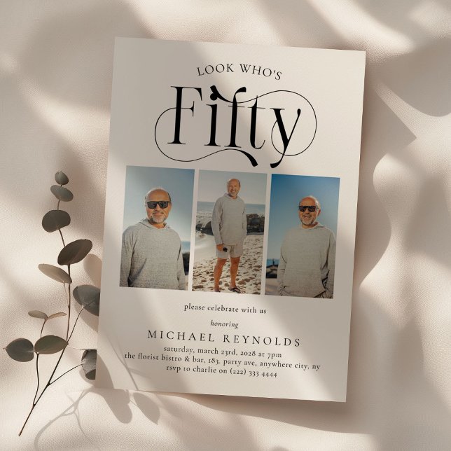 Elegant FIFTY 3 photo collage 50th Birthday Invitation (Creator Uploaded)