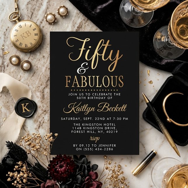 Elegant Fifty and Fabulous! 50th Birthday Party Invitation (Creator Uploaded)