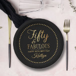 Elegant Fifty and Fabulous! 50th Birthday Party Paper Plate<br><div class="desc">Celebrate a half-century of style with these sophisticated "Fifty & Fabulous" birthday party paper plates. Featuring a striking high-contrast design, these plates pair a deep black background with a shimmering faux gold foil script that exudes elegance and luxury. This template is fully customizable, allowing you to easily update the name...</div>