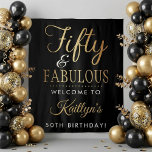Elegant Fifty and Fabulous! 50th Birthday Party Tapestry<br><div class="desc">Celebrate a half-century of style with this sophisticated "Fifty & Fabulous" birthday party backdrop. Featuring a striking high-contrast design, this wall tapestry pairs a deep black background with a shimmering faux gold foil script that exudes elegance and luxury. The template wording is fully customizable, allowing you to easily update the...</div>