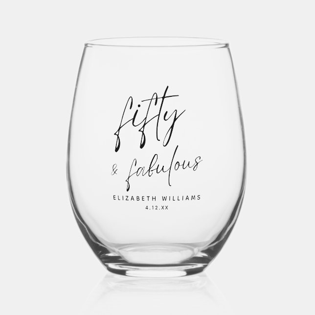 Elegant Fifty and Fabulous Personalised Birthday Stemless Wine Glass (Front)