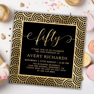 Elegant Fifty Script Black and Gold 50th Birthday Invitation
