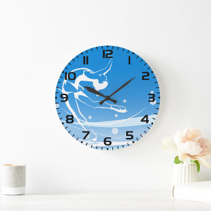 Elegant Figure Skater Silhouette Snowflakes Large Clock