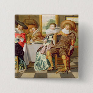 Elegant Figures Feasting at a Table 15 Cm Square Badge