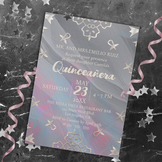 Elegant Filigree Border On Grey Silk Quinceañera Invitation (Creator Uploaded)