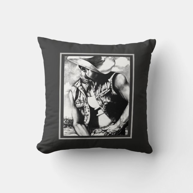 Elegant Fine Art Drawing of a Cowboy in the Wind Cushion (Front)