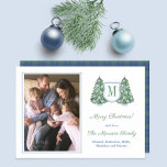 Elegant Fir Tree Blue White Baubles Family Picture Holiday Card<br><div class="desc">* Photo credit: Photography © Storytree Studios, Stanford, CA ** / Chinoiserie Chic Happy Holidays photocard with space for a single letter monogram and a family photo. The watercolor elements (christmas tree, planter and baubles) were originally handpainted by me in watercolors onto 100% cotton paper before being scanned and arranged...</div>