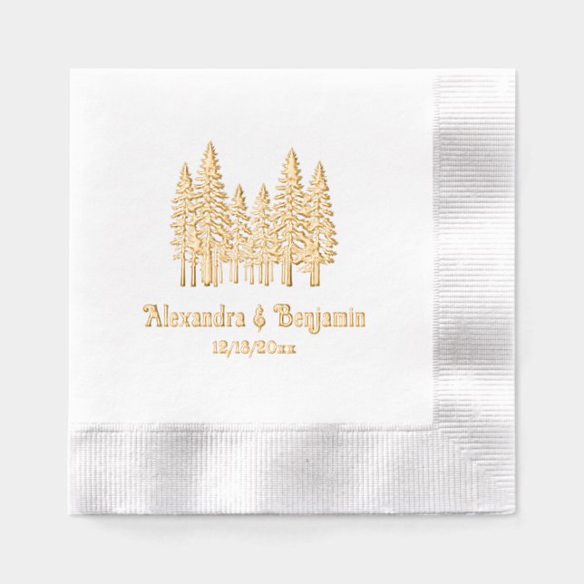 Elegant Fir Trees Wedding Couple Name Date Foil Napkins (Front)