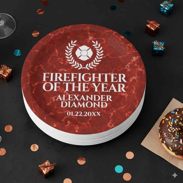 Elegant Firefighter of the Year Red Marble Paper Plate (Elegant Firefighter of the Year Red Marble Round Paper Plates Cover Photo)