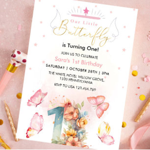 Elegant First 1st Birthday Pink Butterflies  Invitation