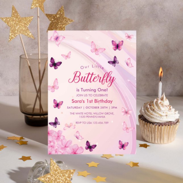 Elegant First 1st Birthday Pink Butterflies Party Invitation (Creator Uploaded)