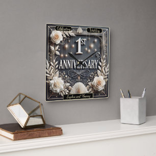 Elegant First Anniversary Celebration Square Wall Clock