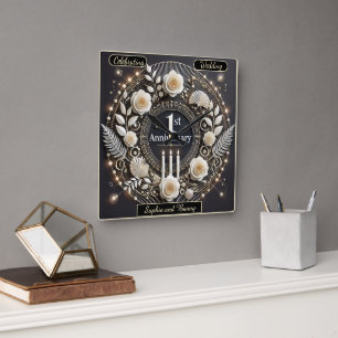 Elegant First Anniversary Wreath Design Square Wall Clock