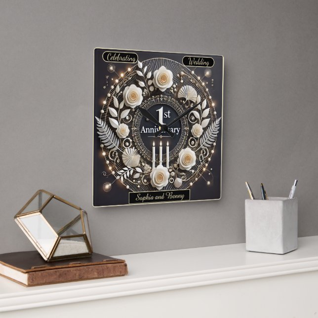 Elegant First Anniversary Wreath Design Square Wall Clock (Office)